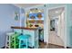 Entertain guests at the charming bar area with colorful stools and a tropical-themed TV backdrop at 6900 N Ocean Blvd. # 1541, Myrtle Beach, SC 29572