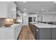 Contemporary kitchen featuring white cabinets, a gray island with bar seating, and stainless steel appliances at 1121 Oxeye St., North Myrtle Beach, SC 29582