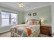 Bright bedroom with a ceiling fan, colorful linens and matching bedside tables with lamps at 421 30Th Ave. S, Sunset Beach, NC 28468