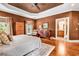 Charming main bedroom boasts a trey ceiling, plush rug, and ensuite bath access at 128 Knotty Pine Way, Murrells Inlet, SC 29576