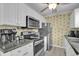 Cozy kitchen featuring stainless steel appliances, white cabinetry, and a ceiling fan at 6001 - 1459 S Kings Hwy., Myrtle Beach, SC 29575