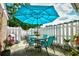 A charming patio area perfect for outdoor dining and relaxation under a bright blue umbrella at 3602 Magnolia St. # 3602, Myrtle Beach, SC 29577