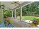 Inviting covered patio with ceiling fans, patterned rugs, and ample seating for outdoor relaxation at 100 Brookgreen Trace Pl., Pawleys Island, SC 29585