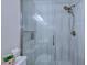 Close up on newly remodeled shower with glass door and showerhead at 161 Barclay Dr., Myrtle Beach, SC 29579