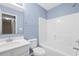 Bathroom offers a shower-tub combo, vanity with modern fixtures, and a blue accent wall at 178 Beaver Pond Loop # 60, Pawleys Island, SC 29585