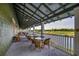 Inviting covered patio with tables, chairs, and a scenic view of the golf course and water at 2450 Marsh Glen Dr. # 112, North Myrtle Beach, SC 29582