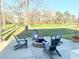 Backyard patio area with a fire pit and seating overlooking a lush green space at 821 Falkirk St., Myrtle Beach, SC 29579