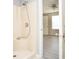 Shower stall with brushed nickel fixtures is conveniently located off the bedroom at 890 Holly Sands Blvd., Little River, SC 29566