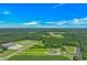 Aerial view of a vast property with a meticulously manicured landscape and serene pond at 15810 County Line Rd., Andrews, SC 29510
