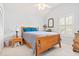A bright bedroom offers a ceiling fan, plantation shutters and a warm inviting space at 208 Millwood Dr., Surfside Beach, SC 29575