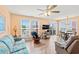 Spacious living room with large windows, comfortable seating, wood laminate floors, ceiling fan, and peach colored walls at 212 29Th Ave. N # 204, North Myrtle Beach, SC 29582