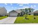 Beautiful single-story home features a manicured lawn, an attached garage and a quaint palm tree in the front yard at 305 Forestbrook Cove Circle, Myrtle Beach, SC 29588