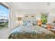 Cozy bedroom featuring water views, beach-themed decor, and a comfortable queen-size bed with bright lighting at 401 Marlin St., Sunset Beach, NC 28468