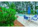 Pool area with a view, featuring a fence, bright blue umbrellas, and lounge chairs at 850 Fairway Dr. # 904Ee, Longs, SC 29568