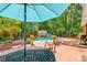 Outdoor patio area with shaded seating, overlooking the pool, and lush greenery surrounding the property at 41 Sunfield Dr., Calabash, SC 28467