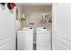 Clean laundry room with white washer and dryer units, wire shelving with laundry supplies, and white doors at 413 Goldenrod Circle # 2B, Little River, SC 29566