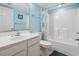 Bright bathroom featuring a shower-tub combo, white vanity, and blue accent wall at 1003 S Ocean Blvd. # 802, North Myrtle Beach, SC 29582