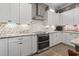 Well-equipped kitchen featuring stainless steel appliances, white cabinets, and stylish backsplash at 1106 Bluffton Ct., Myrtle Beach, SC 29579