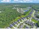 Aerial view of a residential neighborhood with dense trees and a pond at 428 Arlington Circle, Murrells Inlet, SC 29576