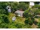 Aerial view of a residential property showcasing a fenced yard with shed, surrounded by mature trees and lush greenery at 4325 Ellis Ave., Little River, SC 29566