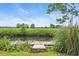 Backyard image featuring a wooden dock by a grassy canal, set against a backdrop of green fields and a clear blue sky at 485 Waterford Dr., Georgetown, SC 29440
