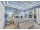 Bedroom with blue walls, white furniture, coastal decor, ceiling fan, and natural light from a window at 6253 Catalina Dr. # 1824, North Myrtle Beach, SC 29582