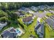 Aerial view showcasing homes in a circular neighborhood with manicured lawns and established landscaping at 668 Barona Dr., Myrtle Beach, SC 29579