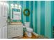Charming bathroom with green striped walls, a toilet, a wreath and a vanity with sink at 1176 Old Plantation Dr., Pawleys Island, SC 29585