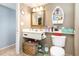 This bathroom has beige walls, a white sink and mirror, and a decorative shelf at 2504 N Ocean Blvd. # 936, Myrtle Beach, SC 29577