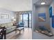 Comfortable living room with balcony overlooking the ocean and artistic décor at 4800 S Ocean Blvd. # 1008, North Myrtle Beach, SC 29582