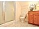 A bathroom contains a shower stall and a wooden vanity with storage at 501 Painted Duck Ct., Myrtle Beach, SC 29588