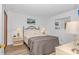 Bright bedroom with bed, nightstands, decorative lamps, and laminate wood flooring at 5905 S Kings Hwy. # 416 A, Myrtle Beach, SC 29575