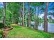 Lush backyard with mature trees and a peaceful lake view, complete with a fountain at 911 Tilghman Forest Dr., North Myrtle Beach, SC 29582