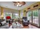 Sun-filled living room boasting hard wood floors, comfortable seating, and a sliding door to the outdoor living space at 911 Tilghman Forest Dr., North Myrtle Beach, SC 29582