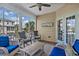 Relaxing screened porch with comfortable seating, ceiling fan, and view of palm trees at 1011 Sable Palm Way, Surfside Beach, SC 29575