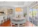 Cozy dining area featuring hardwood floors, stylish lighting, and seamless access to the outdoors at 1415 Powhaton Dr., Myrtle Beach, SC 29577