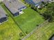 Aerial view of a large, fenced backyard with lush green grass, a screened-in porch, and mature trees at 4136 Alvina Way, Myrtle Beach, SC 29579
