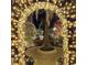 Whimsical view through a brick archway into a garden illuminated with fairy lights and holiday decor at 119 Westfield Circle, Conway, SC 29526
