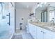 Bathroom with a glass shower, double sinks, white cabinets, and a marble vanity at 2479 Burning Tree Ln., Little River, SC 29566