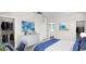 Cozy bedroom showcases blue accents, natural lighting, and closet with built in organizers at 3382 Wood Stork Dr., Ocean Isle Beach, SC 28469
