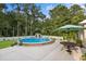 Large pool area with an above ground pool, privacy fence, shed, and seating area at 409 Cypress View Ave., Little River, SC 29566