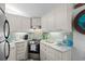 Galley kitchen boasting bright white cabinets, stainless steel appliances, and a blue backsplash at 6001 - 1040 S Kings Hwy., Myrtle Beach, SC 29575