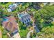 Aerial view of a charming neighborhood, showcasing a beautiful home with a private backyard pool and lush greenery at 315 14Th Ave. N, Surfside Beach, SC 29575
