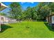 Expansive green backyard with lush lawn, mature trees, pool, and utility building at 528 George Washington Trail, Georgetown, SC 29440