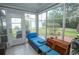 Relaxing sunroom with outdoor view and comfortable blue seating at 654 Blue Bird Ln., Murrells Inlet, SC 29576