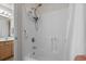 Clean shower/tub combo featuring handheld shower head and easy-to-clean white enclosure at 493 White River Dr. # 28-D, Myrtle Beach, SC 29579