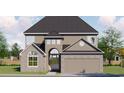 Attractive two-story home featuring stone accents, arched entry, and an attached two-car garage at 5508 Via Verde Dr., North Myrtle Beach, SC 29582