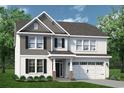 Two-story home with white and gray siding, shutters, a covered porch, and an attached two-car garage at 5024 Cambria Ct., Little River, SC 29566