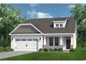 A charming single-Gathering home features a well-manicured lawn and a classic white exterior with stone and column accents at 5040 Cambria Ct., Little River, SC 29566
