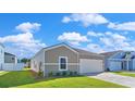 Beautiful house showcasing tan siding, green grass, white garage door and landscaping at 424 Ribbon Rail Way, Loris, SC 29569